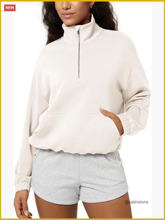 Tops - Modal Soft Cinchable Half Zipper Funnel Neck Oversize Sweatshirt with Pockets
